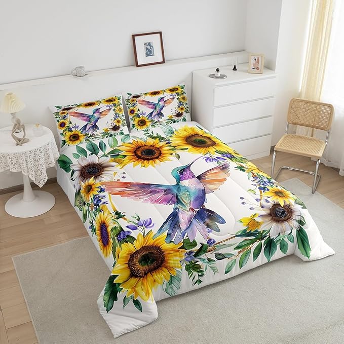 Erosebridal Girls Hummingbird Full Bedding Set Rustic Sunflower Comforter Set for Kids Women Garden Watercolor Bird Flowers Quilt Comforter Farmhouse Botanical Leaves Floral Bed Set 2 Pillow Cases
