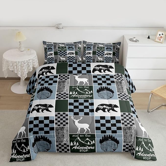 Kids Rustic Deer Comforter Set, Retro Cabin Hunting Bear Bedding Twin Size Lodge Buffalo Plaid Quilt Adventure Western Wildlife Bedding Comforter Sets Bear Gifts For Bear Lovers, Blue Gray Black