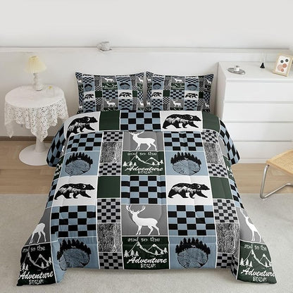 Kids Rustic Deer Comforter Set, Retro Cabin Hunting Bear Bedding Twin Size Lodge Buffalo Plaid Quilt Adventure Western Wildlife Bedding Comforter Sets Bear Gifts For Bear Lovers, Blue Gray Black