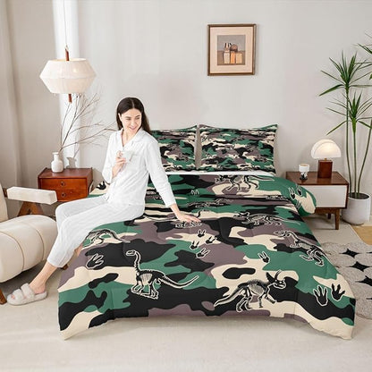 Erosebridal Army Camouflage Comforter Set Toddler Size Camo Dino Bedding Set for Kids Boys Girls 3D Vintage Hunting Theme Comforter Dinosaur Skeleton Farmhouse Green Quilt Bedroom Decor