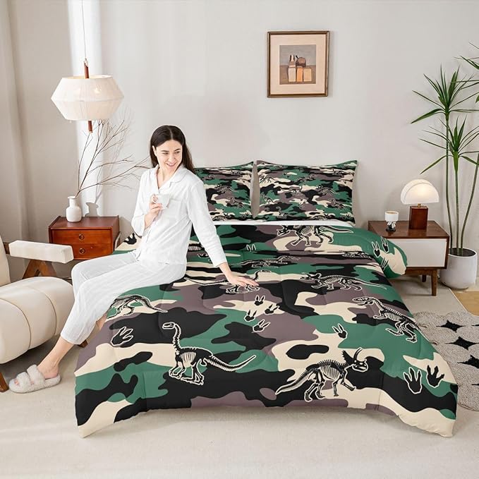 Erosebridal Army Camouflage Comforter Set King Size Camo Dino Bedding Set for Adutls Men Women 3D Vintage Hunting Theme Comforter Dinosaur Skeleton Farmhouse Green Quilt Bedroom Decor