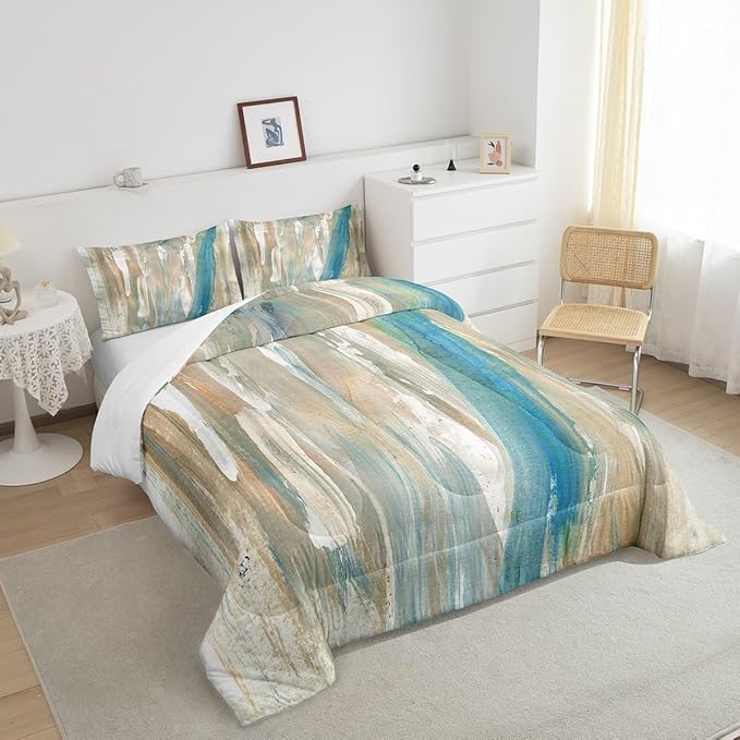 Erosebridal Blue Brown Comforter Set King Ombre Abstract Art Bedding Set, Brush Marks Gradient Bedding Comforter Sets Contemporary Vintage Duvet Sets, Watercolor Stripe Aesthetic Quilted Comforter