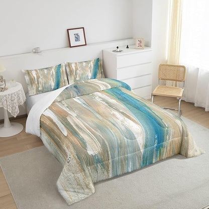Erosebridal Blue Brown Bedding Full Ombre Abstract Art Comforter Set, Brush Marks Gradient Down Comforter Contemporary Vintage Bedding Comforter Sets, Watercolor Stripe Aesthetic Duvet Insert