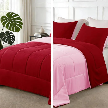 Exclusivo Mezcla Lightweight Reversible Queen Size Comforter Set, Down Alternative Comforter with 2 Pillow Sham, Queen Size Bedding Set for All Seasons, Red/Pink