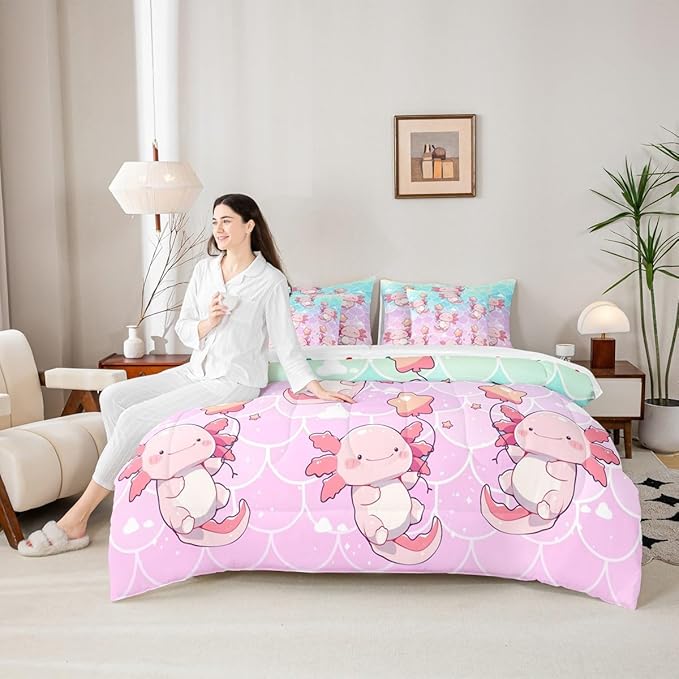 Feelyou Twin Size Cute Pink Axolotl Bed in a Bag Boys Girls Cartoon Salamander Comforter Set with Sheets for Kids Ultra Soft Fish Scales 7 Piece Bedding Set Rainbow Room Decor Breathable Soft