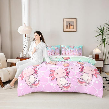 Feelyou Twin Size Cute Pink Axolotl Bed in a Bag Boys Girls Cartoon Salamander Comforter Set with Sheets for Kids Ultra Soft Fish Scales 7 Piece Bedding Set Rainbow Room Decor Breathable Soft