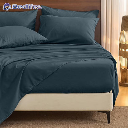 Bedlifes 100% French Pure Linen Sheets Queen Size Breathable and Cooling Flax Sheet Set Soft Durable and Moisture Wicking 16 Inch Deep Pocket-4 Piece(Queen,Cool Gray)