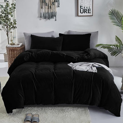 Cottonight Black Velvet Comforter Set King - Flannel Bedding 3 Piece Set, Plush Fluffy Blanket Quilts, Modern Winter Warm Thick Soft Solid Bedding