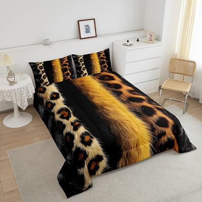 jejeloiu 3D Gold Leopard Bedding Set Queen Size Adult Leopard Comforter Set for Boys Girls Animal Print Duvet Set Wild Animal Fur Quilt Set 3Pcs