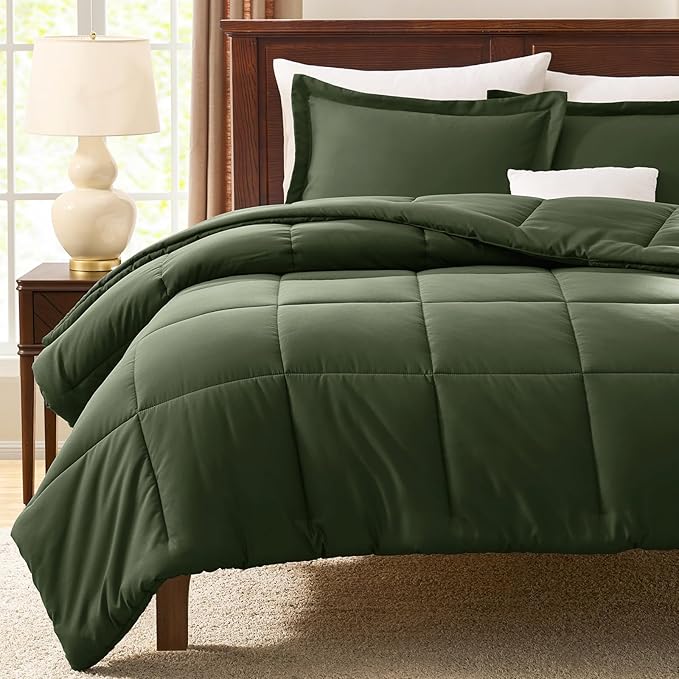 CozyLux Full Size Comforter Sets - Olive Green Comforter Full Size, 3 Pieces Box Stitched Bed Set for All Seasons, Soft Lightweight Bedding Sets with 1 Down Alternative Comforter and 2 Pillow Shams