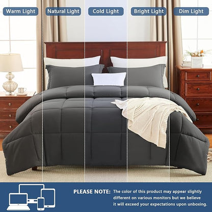 CozyLux Full Size Comforter Sets - Dark Grey Comforter Full Size, 3 Pieces Box Stitched Bed Set for All Seasons, Soft Lightweight Bedding Sets with 1 Down Alternative Comforter and 2 Pillow Shams