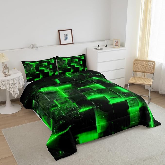 Green Black Bedding Queen 3D Glowing Buffalo Queen Comforter Set Modern Abstract Art Bedding Comforter Sets Geometric Plaid Duvet Insert, Gradient Futuristic Cubes Down Comforter (Black Reversible)