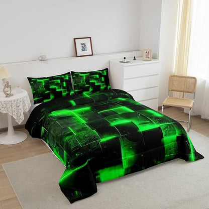 Green Black Bedding Queen 3D Glowing Buffalo Queen Comforter Set Modern Abstract Art Bedding Comforter Sets Geometric Plaid Duvet Insert, Gradient Futuristic Cubes Down Comforter (Black Reversible)