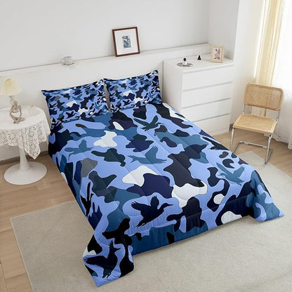 Erosebridal Camo Comforter Set Toddler Size Duck Hunter Bedding for Kids Boys Men Army Camouflage Hunting Bedding Comforter Sets Vintage Blue Black Room Decor Wild Animal Duck Rustic Duvet Insert