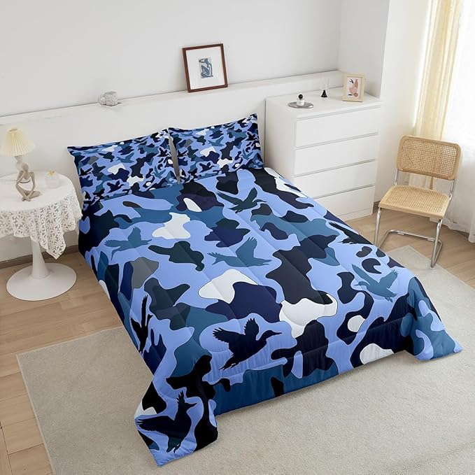 Erosebridal Camo Comforter Set King Size Duck Hunter Bedding for Kids Boys Men Army Camouflage Hunting Bedding Comforter Sets Vintage Blue Black Room Decor Wild Animal Duck Rustic Duvet Insert