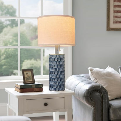 20.5" Modern Ceramic Table Lamps for Bedroom Set of 2, Bedside Lamps for Night Stands with Beige Lampshade, Farmhouse Table Lamp for Living Room Office Dorm, Blue