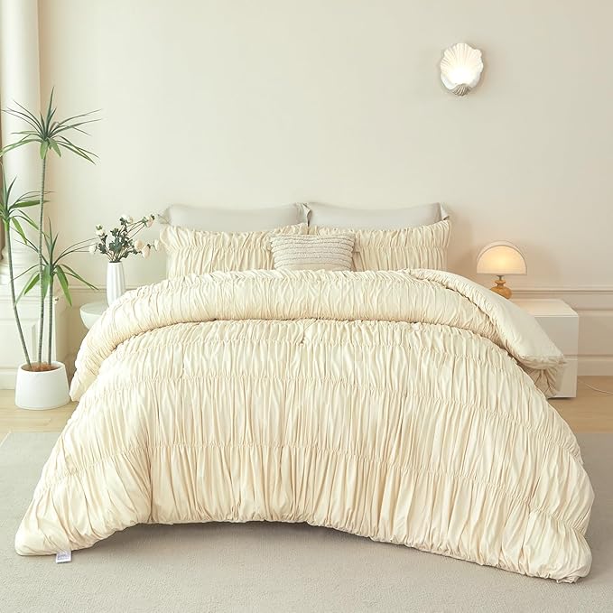 PERFEMET Beige Ruched Comforter Set Twin Size, 5 Pieces Boho Ruffle Bed in a Bag with Sheets, Soft Fluffy Pleated Texture Bedding Set All Season Lightweight Shabby Chic Bed Set(Beige, Twin)