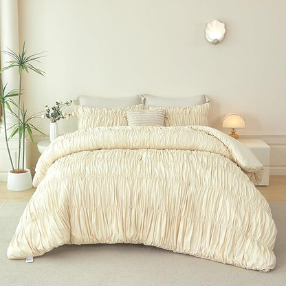 PERFEMET Beige Ruched Comforter Set Full Size, 5 Pieces Boho Ruffle Bed in a Bag with Sheets, Soft Fluffy Pleated Texture Bedding Set All Season Lightweight Shabby Chic Bed Set(Beige, Full)