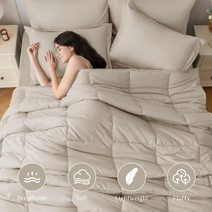 JOLLYVOGUE Queen Comforter Set, Ultra-Soft Bed in a Bag Queen Size 7 Pieces, Oeko-TEX Certified Bedding Set with Down Alternative Comforter, Sheets, Pillowcases & Shams, Oatmeal