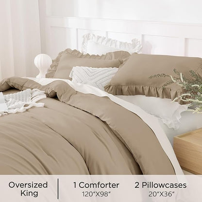 Andency Oversized King Comforter Set 120x98, 3 Pieces Ruffle Shabby Chic Famhouse Bedding Set, All Season Lightweight Fluffy Bed Set for Girls Women, Taupe