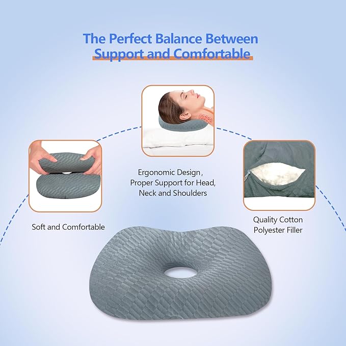 Ear Piercing Hole Pillows Side Sleeper Pillow with an Ear Hole for CNH Side Sleepers and Ear Inflammation Pressure Sores, Adjustable Cotton and Polyester Curved Side Pillow, Gray Skew Grid