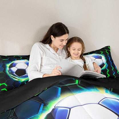 Football Comforter Set Full Size,Soccer Game Ball Sports Kids Bedding Set,Geometric Honeycomb Hexagon Quilt Comforter,Black Green Duvet Insert,2 Pillowcases
