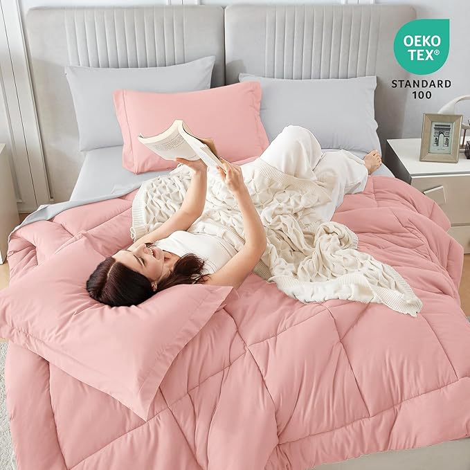 Sasttie King Size Comforter Set, 7 Pieces Reversible Bed in a Bag King, Complete Bedding Set Includes Comforter, Flat Sheet, Fitted Sheet, Pillowcases and Pillow Shams, Pink & Light Grey