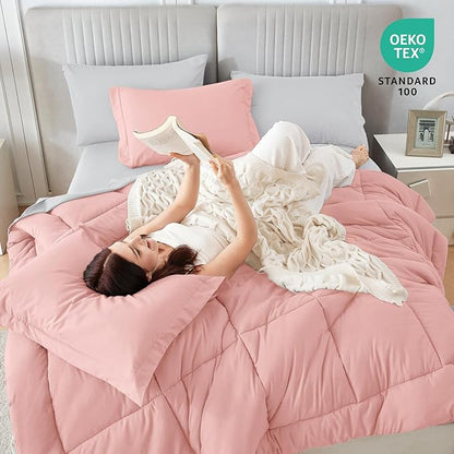 Sasttie King Size Comforter Set, 7 Pieces Reversible Bed in a Bag King, Complete Bedding Set Includes Comforter, Flat Sheet, Fitted Sheet, Pillowcases and Pillow Shams, Pink & Light Grey