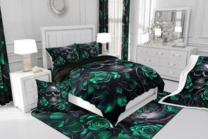 Erosebridal Adults Gothic Comforter Set Bohemian Boho Goth Queen Bedding Sets Vintage Horror Skull Bed Sets Sage Green Rose Baroque Victorian Romantic Rose Duvet Insert,Halloween Gothic Decor