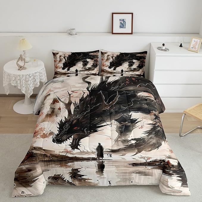 Feelyou Dragon Comforter Set Full Size Japanese Style Comforter for Boys Girls Teens Samurai Bedding Set Japanese Ukiyoe Duvet Set Room Decor Black Beige Quilt Set