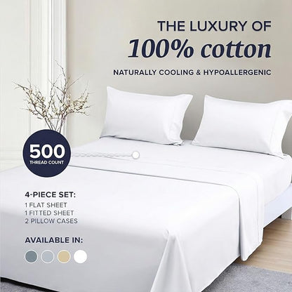 Beckham Hotel Collection King Sheet Set 100% Cotton, 500TC Luxury Sateen Bedding, 16” Deep Pocket, Moisture-Wicking, 4-Piece, White