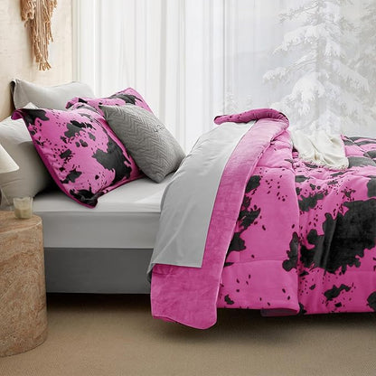 Petrichor Velvet Flannel Twin Comforter Set-Cow Print Western Style Blanket,Luxury Fuzzy Heavy Bedding Set, 2 Pieces Plush Winter Bed Set with Comforter (68"x88") & 1 Pillow Shams (20"x26")
