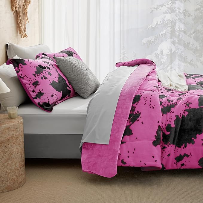 Petrichor Velvet Flannel King Comforter Set-Cow Print Western Style Blanket,Luxury Fuzzy Heavy Bedding Set, 3 Pieces Plush Winter Bed Set with Comforter (90"x104") & 2 Pillow Shams (20"x36"