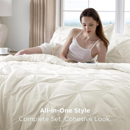 Bedsure California King Comforter Set - Cal King Bed Set 7 Pieces, Pinch Pleat Ivory Cali King Bedding Set with Pintuck Comforter, Sheets, Pillowcases & Shams