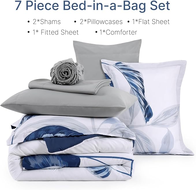 WRENSONGE Queen Comforter Set- 7 Pieces Blue Tropical Leaves Soft Bedding Sets, Coastal Bed in a Bag, Botanical Printed Comforter with Sheets for All Season