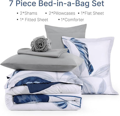 WRENSONGE Queen Comforter Set- 7 Pieces Blue Tropical Leaves Soft Bedding Sets, Coastal Bed in a Bag, Botanical Printed Comforter with Sheets for All Season