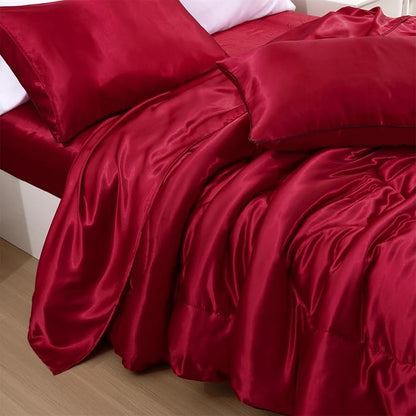 A Nice Night 5PCS Satin Silky Soft Quilt Luxury Super Soft Microfiber Bedding Thin Comforter Set Queen,Red