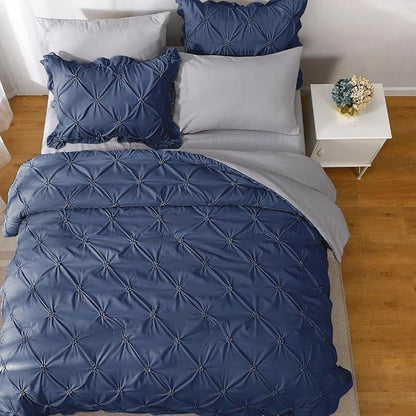 JOLLYVOGUE King Size Comforter Set 7 Pieces, Navy Blue/Gray Bed in a Bag Comforter Set for Bedroom, Beddding Sets with Comforter, Sheets,Ruffled Shams & Pillowcases