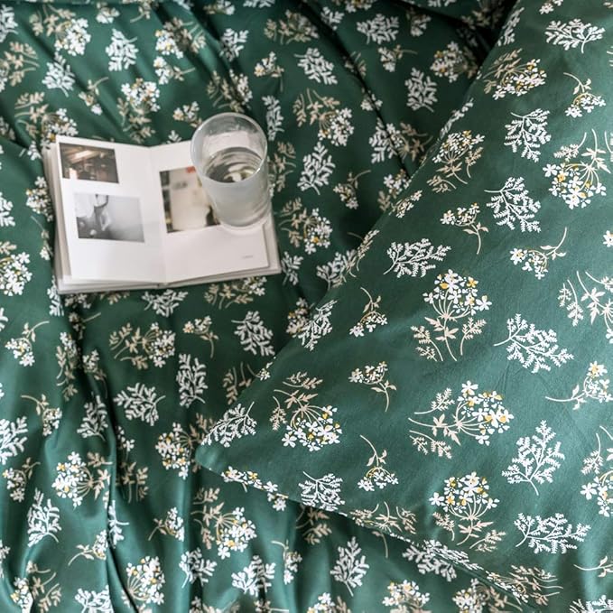 mixinni Twin XL Comforter Set Floral, Green Comforter Twin XL Size Fluffy, Cottagecore White Small Flowers Leaves Comforter with 2 Pillow Cases for All Seasons-3 Pieces