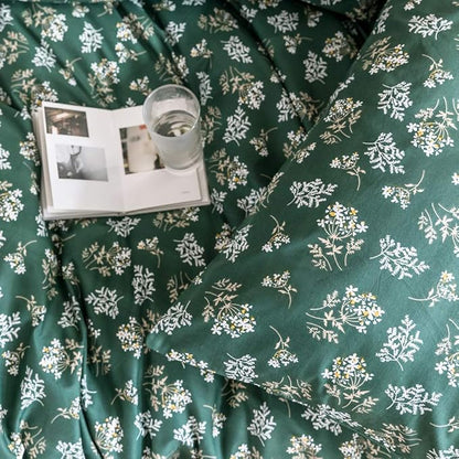 mixinni Twin XL Comforter Set Floral, Green Comforter Twin XL Size Fluffy, Cottagecore White Small Flowers Leaves Comforter with 2 Pillow Cases for All Seasons-3 Pieces