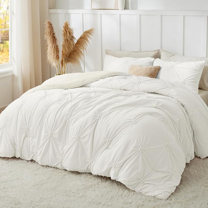 BEDELITE Pintuck Fluffy Twin Comforter Set - Super Soft Sherpa White Comforter for Twin Size Bed, Luxury Warm Bedding Set for Winter, Fuzzy Bed Set 2 Piece (1 Comforter, 1 Pillowcase)