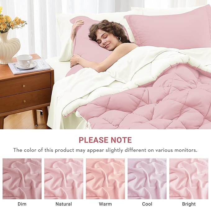 MUXHOMO 5 Pieces Twin Comforter Set, Reversible Bed in a Bag Twin Size, All Season Bedding Set with Comforter, Flat Sheet, Fitted Sheet, Pillowcases & Shams, Light Pink & Ivory