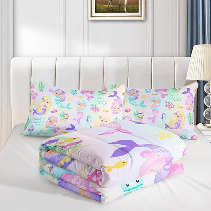 Rainbow Mermaid Comforter Set Twin/Full/Queen Size Fairy Tale Sea Shell Grass Bedding Set Starfish Jellyfish Quilt Bed Set for Kid Girls with 1 Comforter and 2 Pillowcases