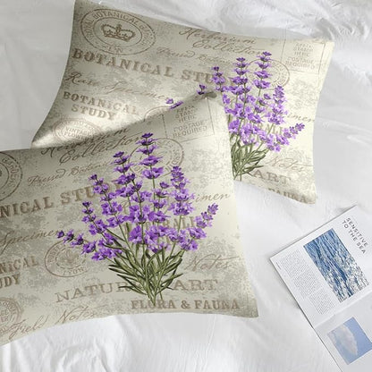 Comforter Set Full Size, Lavender Flower Vintage 7 Pcs Bedding for Kids and Adults, Retro Botanical Plant Purple Bed Sheet Sets with Fitted Sheet 2 Pillowcases & 2 Shams for Bedroom Bed Decor