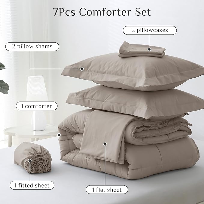 JOLLYVOGUE King Comforter Set, Ultra-Soft Bed in a Bag King Size 7 Pieces, Oeko-TEX Certified Bedding Set with Down Alternative Comforter, Sheets, Pillowcases & Shams, Khaki