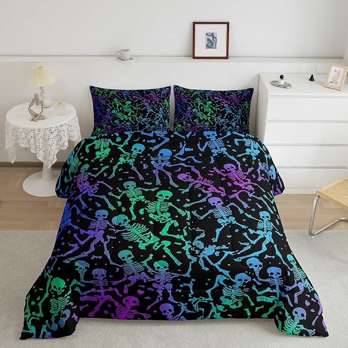 Erosebridal Sugar Skull Comforter Set Halloween Bedding Set King Size Green Blue Purple Ombre Down Comforter for Kids Boys Girls Skeleton Bones Quilted Duvet Warm Soft Horror Theme Bedroom Decor 3Pcs