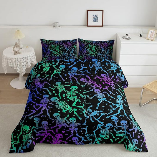 Sugar Skull Comforter Set Halloween Bedding Set Queen Size Green Blue Purple Ombre Down Comforter For Kids Boys Girls Skeleton Bones Quilted Duvet Warm Soft Horror Theme Bedroom Decor 3Pcs