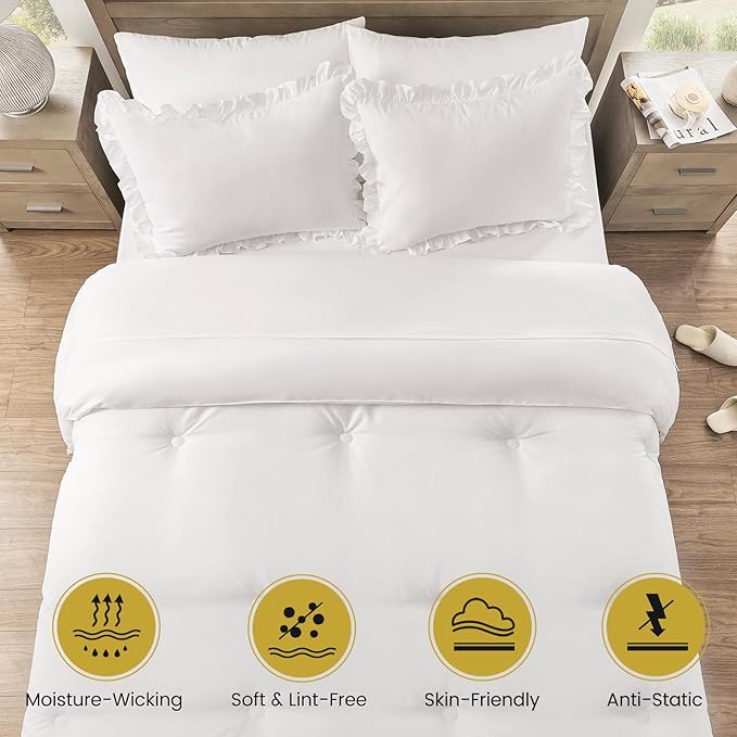 QUIETSEA Full Bed in a Bag 7 Pieces Full Size Comforter Set, Ruffle Shabby Chic Bedding Comforter Set White Bed Set with Comforter, Pillowcases, Flat Sheet, Fitted Sheet and Pillow Shams