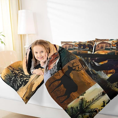 Erosebridal Rustic Lodge Comforter Set Full Size Bear Deer Fox Cabin Bedding Set for Kids Teens Adult | Country Woodland Animals Duvet Insert Vintage Barn Pine Trees Brown Black Quilt,3 Piece