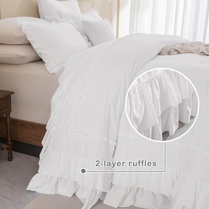 Masaca Oversized King Comforter 128x120,Farmhouse Shabby Boho Chic Ruffled Bedding Comforter Set,3Pcs Netural White Ruffle Comforter Rustic French Country Extra Large King Size Bedding Set